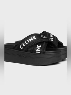 Size 9 Celine Black Logo Crisscross Platform Sandals